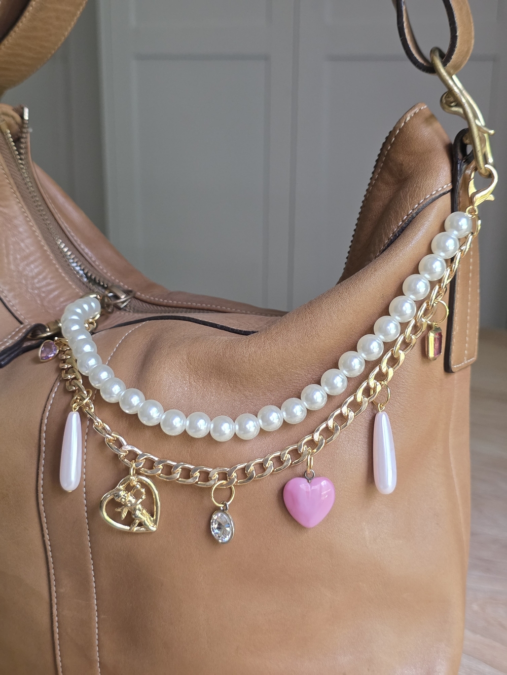 Handmade Pearl and Gold Tone Charm Chain With Angel, Heart And Gems